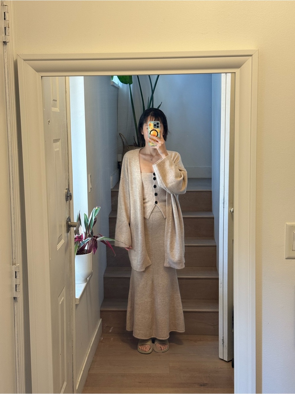 3 Pieces Neutral Beige Knit Set - cardigan, tank top and skirt